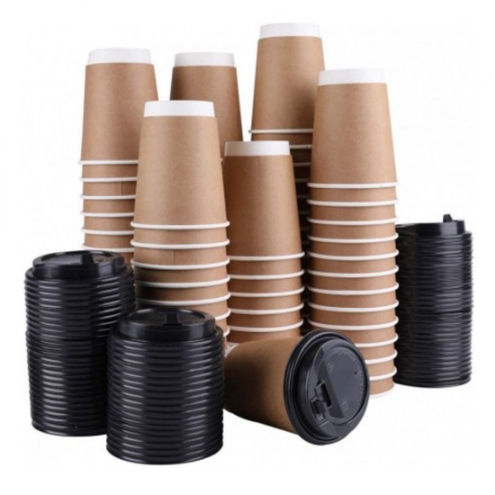 Set 100 Capace Negre de Plastic pentru Pahare Goldpaper Premium si City, 8-12 OZ