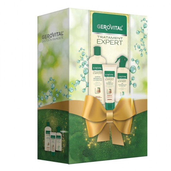 Set Cadou Gerovital Tratament Expert: Sampon Regenerant cu Keratina, 250 ml + Masca Regeneranta cu Keratina, 150 ml + Ser Termoprotector cu Keratina, 150 ml