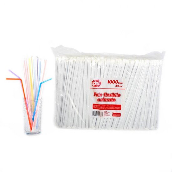  Paie Flexibile din Plastic OTI, 240x5 mm,1000 Buc/Set, Ambalate Individual, Multicolor Fluorescente, Set Paie Flexibile, Paie din Plastic Flexibile, Paie Flexibile Colorate, Paie din Plastic, Paie Catering, Paie pentru Petreceri, Accesorii pentru Bar