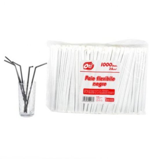  Paie Flexibile din Plastic OTI, 240x5 mm, 1000 Buc/Set, Ambalate Individual, Culoare Neagra, Paie Flexibile Ambalate Individual, Paie Negre din Plastic, Paie Flexibile Negre, Paie pentru Petreceri, Accesorii pentru Bar