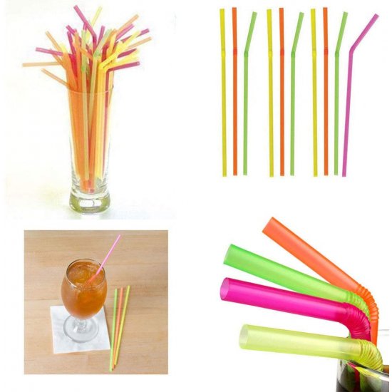 Set 100 Paie Flexibile, 240x5 mm, Diverse Culori Fluorescente, Paie din Plastic, Paie Catering, Paie pentru Petreceri, Accesorii pentru Bar