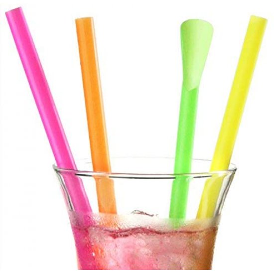Set 500 Paie cu Lingurita, 210x6 mm, Diverse Culori Fluorescente, Paie din Plastic, Paie Catering, Paie pentru Petreceri, Accesorii pentru Bar