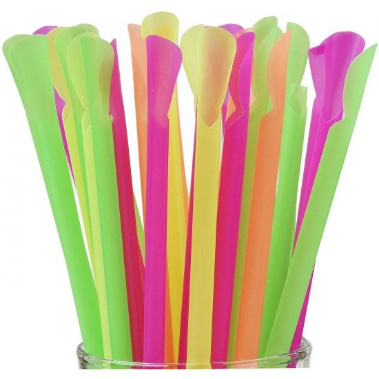 Set 500 Paie cu Lingurita, 210x6 mm, Diverse Culori Fluorescente, Paie din Plastic, Paie Catering, Paie pentru Petreceri, Accesorii pentru Bar