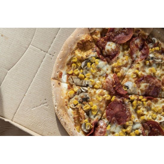 Set 100 Cutii Pizza Natur Corolla Packaging, 28x3.5x28 Cm, Model Pizza Fresh & Tasty, Ambalaje din Carton, Ambalaje pentru Pizza, Set de Cutii Natur, Set de Cutii Natur pentru Pizza, Seturi de Cutii Pizza