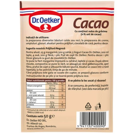 Pudra de Cacao Dr. Oetker, 50 g, Cacao, Cacao Dr. Oetker, Pudra de Cacao pentru Prajituri, Pudra de Cacao pentru Creme si Glazuri, Cacao pentru Prajituri si Creme, Cacao pentru Bauturi si Prajituri