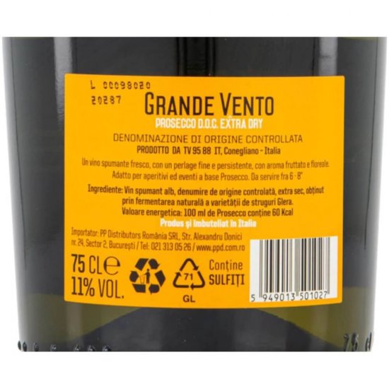 Vin Spumant Alb Extrabrut Mionetto Grande Vento, 0.75 L, 11% Alcool, Vin Spumant Extrabrut Mionetto Grande Vento Prosecco, Vin Spumant Mionetto Prosecco Grande Vento, Vin Alb Spumant Mionetto Prosecco DOC