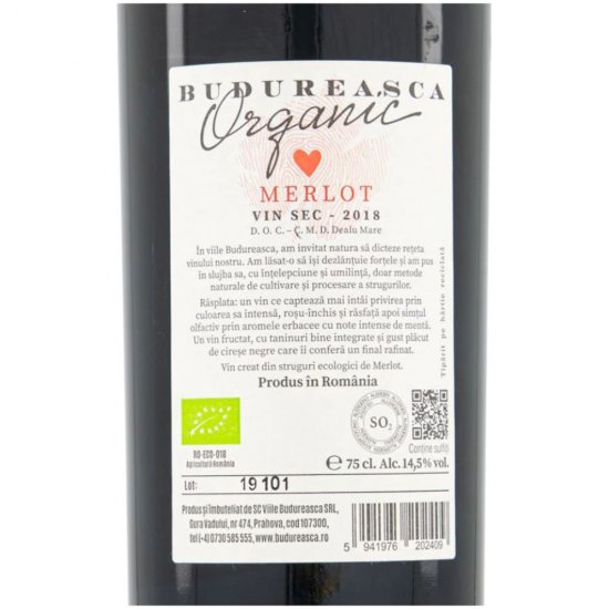 Vin Rosu Sec, Budureasca Organic, Merlot, 0.75 L, Vin Rosu Sec, Budureasca Organic Merlot, Bauturi Alcoolice, Vin Rosu Budureasca, Vin Rosu Alcool 13.5%