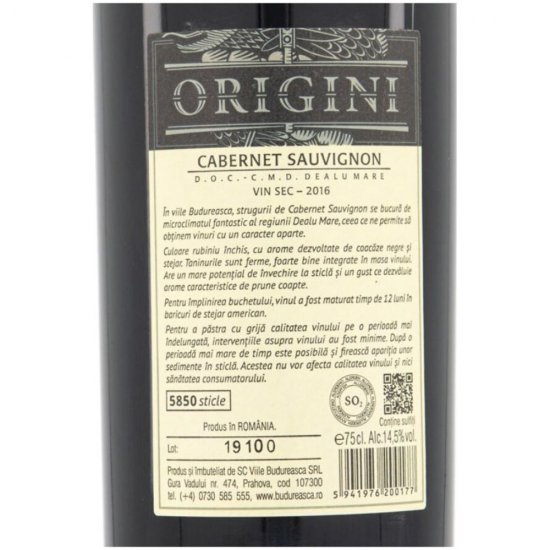 Vin Rosu Sec, Budureasca Origini, Cabernet Sauvignon, 0.75 L, Vin Rosu Sec, Budureasca Origini Cabernet Sauvignon, Bauturi Alcoolice, Vin Rosu Budureasca, Vin Rosu Alcool 13.5%