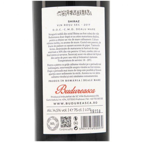 Vin Rosu Sec, Budureasca Premium, Shiraz, 0.75 L, Vin Rosu Sec, Budureasca Premium Shiraz, Bauturi Alcoolice, Vin Rosu Budureasca, Vin Rosu Alcool 14%