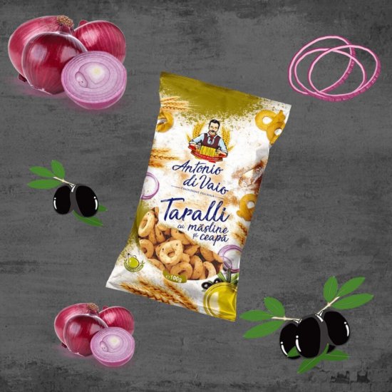 Covrigei cu Masline si Ceapa Antonio Di Vaio Taralli, 100 g, Covrigi, Covrigi Clasici, Covrigi Antonio Di Vaio Taralli, Covrigi Mici, Covrigi cu Sare, Covrigi Crocanti, Covrigi din Grau, Covrigi din Grau cu Masline, Pungi cu Covrigi, Cogrivi Italienesti