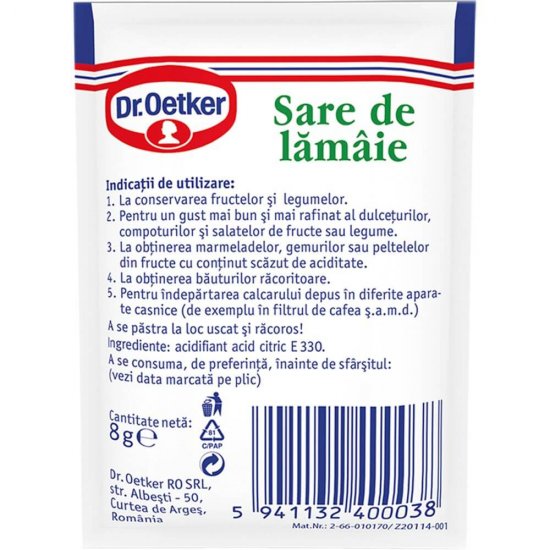 Sare de Lamaie Dr. Oetker, 8 g, 50 Buc/Bax, 50 Plicuri Sare de Lamaie, Conservant Dr. Oetker, Conservant Sare de Lamaie, Acid Citric Uz Alimentar, Sare de Lamaie pentru Conservarea Fructelor, Sare de Lamaie pentru Conservarea Legumelor