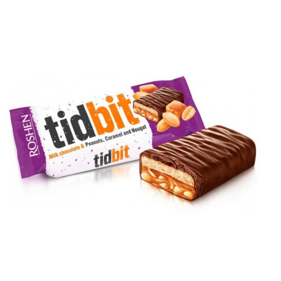 Baton de Ciocolata cu Umplutura de Nougat si Caramel cu Arahide, Roshen Tidbit, 50 g,  Baton Roshen de Ciocolata, Baton cu Umplutura, Gama Roshen Tidbit, Baton de Ciocolata cu Nougat si Caramel