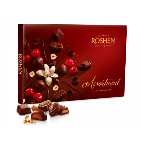 Praline de Ciocolata cu Lapte Roshen Assortment Elegant, cu Umplutura de Alune si Visine, 145 g, Praline Assortment Elegant, Praline de Ciocolata cu Lapte cu Umplutura de Alune si Visine, Praline Roshen