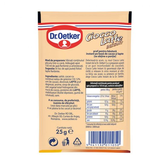 Ciocolata Calda Dr. Oetker Cioco Latte Instant Clasic, 25 g, Ciocolata Calda Neagra, Ciocolata Calda Clasica, Bauturi Instant, Ciocolata Calda Cremoasa, Dr. Oetker Ciocolata Calda Clasica cu Aroma de Lapte si Cacao, Dr. Oetker Ciocolata Calda