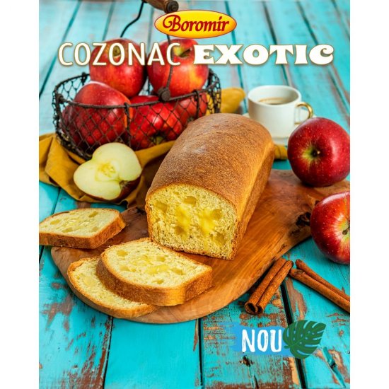 Cozonac Exotic Boromir cu Crema de Vanilie si Mere Confiate, 400 g, Cozonac Boromir, Cozonac Ambalat, Cozonac cu Mere si Vanilie, Cozonac cu Vanilie si Mere, Cozonaci Boromir, Cozonaci Ambalati, Cozonac Preparat, Cozonaci Preparati