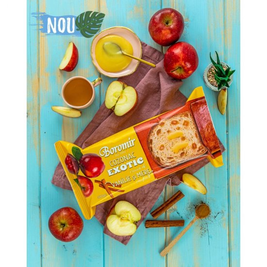 Cozonac Exotic Boromir cu Crema de Vanilie si Mere Confiate, 400 g, Cozonac Boromir, Cozonac Ambalat, Cozonac cu Mere si Vanilie, Cozonac cu Vanilie si Mere, Cozonaci Boromir, Cozonaci Ambalati, Cozonac Preparat, Cozonaci Preparati
