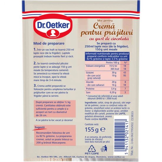 Praf Crema Prajitura cu Ciocolata Dr. Oetker, 155 g, Praf Crema Prajitura Ciocolata Dr. Oetker, Mix Creme cu Gust de Ciocolata Dr Oetker, Dr. Oetker Amestec Crema Prajitura cu Ciocolata, Mix pentru Crema Prajitura Aroma Ciocolata, Creme Instant Dr. Oetker