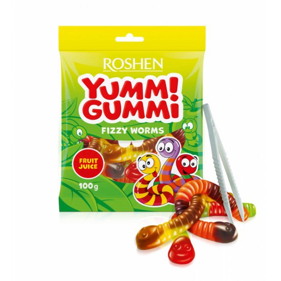 Jeleuri Roshen Yummi Gummi Fizzy Worms, 100g, Gust de Fructe, Jeleuri, Jeleuri Fructe, Mix de Jeleuri, Jeleuri cu Fructe, Jeleuri din Fructe, Jeleuri Aroma Fructe, Jeleuri Aroma Fructe  Roshen, Bomboane Jeleu, Boamboane Jeleu Roshen
