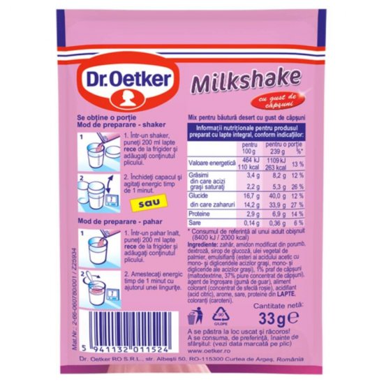 Milkshake cu Capsuni Dr. Oetker, 33 g, Milkshake cu Gust de Capsuni, Milkshake Dr. Oetker, Praf pentru Milkshake, Praf Milkshake Instant, Milkshake Rapid, Mix pentru Milkshake, Mix Bautura Desert
