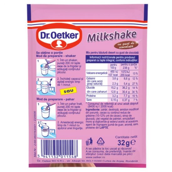 Milkshake cu Ciocolata Dr. Oetker, 32 g, Milkshake cu Gust de Ciocolata, Milkshake Dr. Oetker, Praf pentru Milkshake, Praf Milkshake Instant, Milkshake Rapid, Mix pentru Milkshake, Mix Bautura Desert