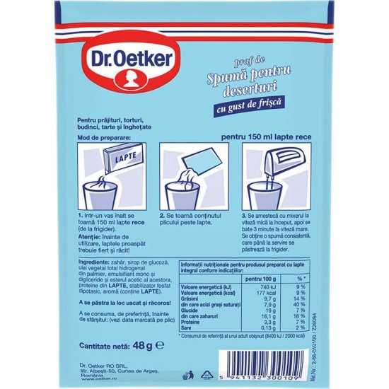 Praf de Spuma Dr.Oetker, 48 g, Gust de Frisca, Praf de Spuma pentru Deserturi cu Gust de Frisca, Dr. Oetker Praf de Spuma cu Gust de Frisca, Praf Frisca pentru Prajituri, Praf de Spuma Preparat cu Lapte, Praf de Frisca Preparat cu Lapte