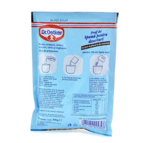 Praf de Spuma Dr.Oetker, 60 g, Frisca si Ciocolata, Praf de Spuma pentru Deserturi cu Gust de Frisca si Ciocolata, Dr. Oetker Praf de Spuma Frisca si Ciocolata, Praf Frisca pentru Prajituri, Praf Spuma de Ciocolata, Praf de Spuma Preparat cu Lapte