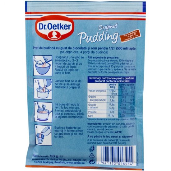 Praf de Budinca cu Gust de Ciocolata si Rom Dr. Oetker, 50 g, Praf pentru Budinca, Mix pentru Budinca, Mix de Budinca, Budinca Instant, Budinca de Ciocolata si Rom, Amestec pentru Budinca, Budinca Dr Oetker, Praf Budinca de Ciocolata si Rom