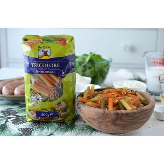 Penne Rigate Tricolore din Grau Dur Baneasa, 500 g, Paste Fainoase Penne Rigate Tricolore, Paste Fainoase Baneasa, Paste din Grau Dur, Paste Fainoase de Grau Dur, Punga de Paste Penne Rigate, Paste Penne la Punga