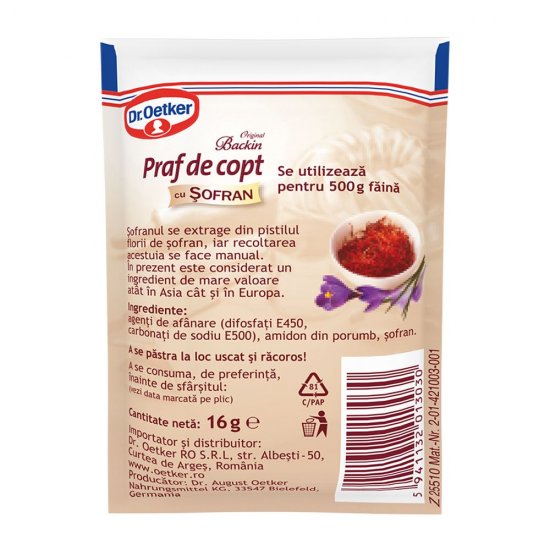 Praf de Copt cu Sofran Dr. Oetker, 16 g, 1 Buc/Set, Praf pentru Copt, Praf pentru Copt Dr. Oetker, Praf Copt, Plic Praf Copt, Praf de Copt Prajituri, Plic Praf de Copt Dr. Oetker