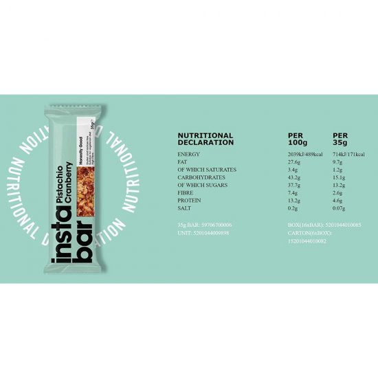 Baton cu Fistic si Merisoare Instabar Pistachio Cranberry, 35 g, Batoane cu Fistic si Merisoare, Batoane cu Fistic, Baton cu Fistic, Baton cu Merisoare, Baton Merisoare Fistic, Baton Organic, Baton Vegetarian, Batoane Vegetariene, Batoane Fara Gluten