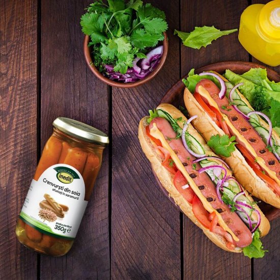 Crenvusti Vegetali Afumati Inedit, 350 g, Crenvursti Vegetali, Crenvursti din Soia, Crenvusti de Soia pentru Hot Dog, Crenvusti de Soia Afumati in Saramura, Inedit Crenvusti de Soia in Saramura, Inedit Crenvusti de Post, Crenvusti Vegetali in Saramura