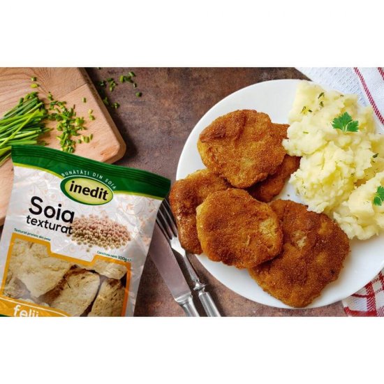 Felii de Soia Inedit, 100 g, Inedit Felii Soia, Soia Inedit, Inedit Soia Felii, Soia Texturat Felii, Produse de Post, Felii Soia pentru Snitele, Bucati de Soia pentru Snitele