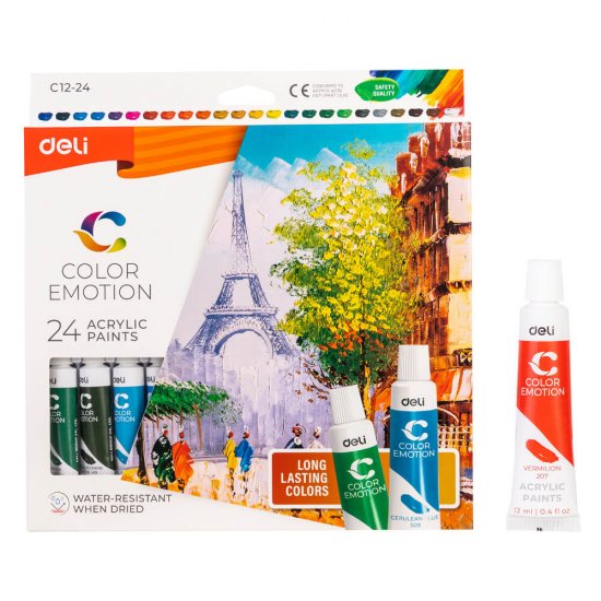 Set 24 Culori Acrilice, Deli Color Emotion, Rezistente la Apa, Culori Acrilice Rezistente la Apa Deli, Set de Culori Acrilice Deli, Gama de Culori Deli Color Emotion, Culori Rezistente la Apa 