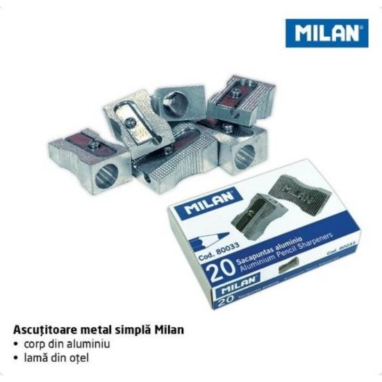 Ascutitoare Simpla Milan, 20 Buc/Set, Metal, pentru Creioane cu Diametru Mic, Set 20 Ascutitori de Aluminiu, Ascutitoare Clasica Milan, Ascutitori Simple Standard, Ascutitori Metalice Simple, Ascutitoare Metalica Simpla