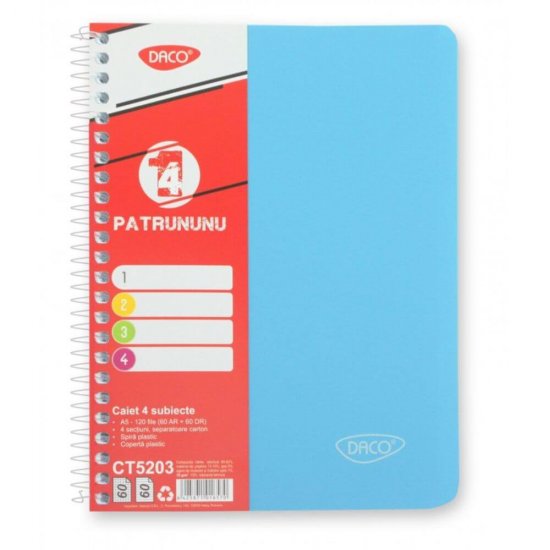 Caiet A5 Universal DACO, 120 File, Spirala, 70 g/m², Coperta Plastic, Caiete A5 Matematica, Caiet Matematica, Caiete Matematica, Caiete Mici, Caiete Matematica A5, Set Caiete Matematica, Caiet Romana Mic, Caiet Universal, Caiete Universale