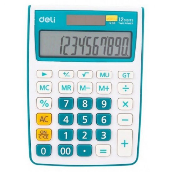 Calculator de Birou Deli 1238, 12 Digits, Alb/Albastru, Alimentare Dubla, Calculator Birou, Calculator de Birou, Calculatir Birou 12 Digits, Calculator Birou cu Verificare si Corectie, Calculator Birou Deli 
