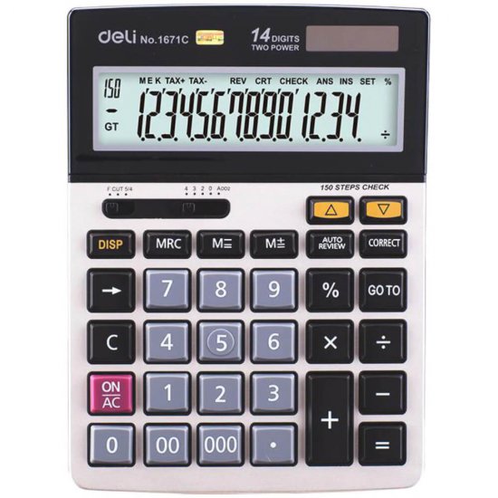 Calculator de Birou Deli 1671C, 14 Digits, Gri/Negru, Alimentare Dubla, Calculator Birou, Calculator de Birou, Calculatir Birou 14 Digits, Calculator Birou cu Verificare si Corectie, Calculator Birou Deli 