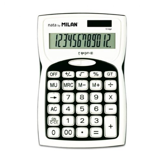 Calculator de Birou MILAN, 12 Digits, 152x100x37 mm, Alimentare Duala, Corp din Plastic Alb/Negru, Calculatoare Birou, Calculator 12 Digits, Calculator 12 DG de Buzunar, Calculator de Birou MILAN, Calculatoare Buzunar, Calculator Portabil