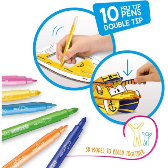 Set 10 Carioci CARIOCA 3D Mr. Boat + 2 Planse Tip Puzzle 3D, 2 Capete, Carioci Non-Toxice, Carioci de Colorat, Carioci cu Capat Dublu, Carioci Lavabile, Carioci cu Puzzle, Carioci pentru Copii, Puzzle 3D