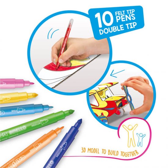 Set 10 Carioci CARIOCA 3D Planny + 2 Planse Tip Puzzle 3D, 10 Carioci cu 2 Capete, Carioci Non-Toxice, Carioci de Colorat, Carioci cu Capat Dublu, Carioci Lavabile, Carioci cu Puzzle, Carioci pentru Copii