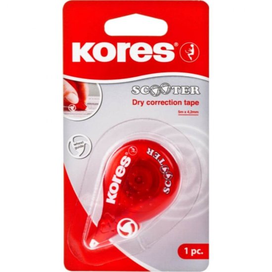 Dispenser cu Banda Corectoare KORES, 8m x 4.2 mm, Corp de Plastic Rosu, Dispensere cu Banda Corectoare, Dispenser Pasta Corectoare, Banda Corectoare Dispenser, Dispenser Corector Banda