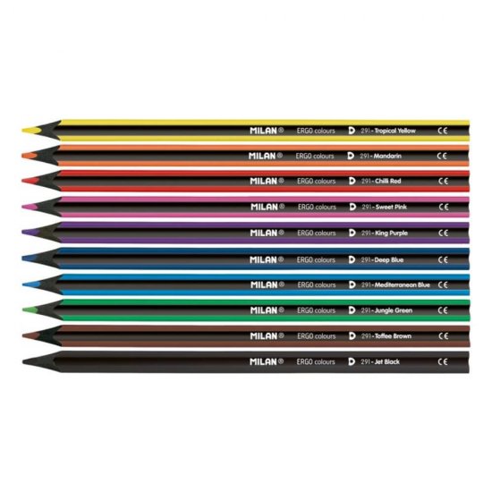 Set 10 Creioane Color MILAN Maxi Ergo, Corp din Lemn Negru, 10 Culori Diferite si Ascutitoare Inclusa, Set Creioane Colorate, Creioane Colorate, Creioane pentru Desen, Creioane Colorate pentru Scolari, Creioane Colorate din Lemn, Rechizite Scolare