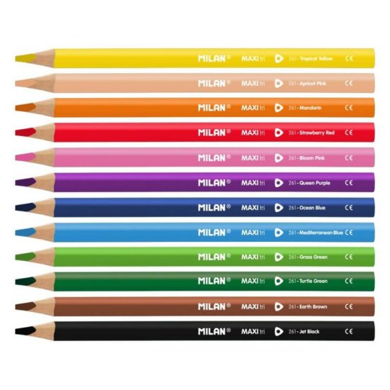 Set 12 Creioane Color MILAN Maxi, Ascutitoare Maxi Inclusa, Corp din Lemn Triunghiular, 12 Culori Diferite, Set Creioane Colorate, Creioane Colorate, Creioane pentru Desen, Creioane Colorate pentru Scolari, Creioane de Colorat, Rechizite Scolare