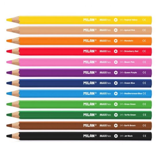 Set 12 Creioane Color MILAN Maxi, Ascutitoare Maxi Inclusa, Corp din Lemn Hexagonal, 12 Culori Diferite, Set Creioane Colorate, Creioane Colorate, Creioane pentru Desen, Creioane Colorate pentru Scolari, Creioane de Colorat, Rechizite Scolare