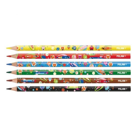 Set 6 Creioane Color MILAN Super Heroes, 6 Culori, Corp Triunghiular din Lemn, Creioane Triunghiulare Colorate, Creioane Colorate Metalice MILAN, Creioane MILAN, Set Creioane Colorate, Creion Colorat, Creioane Scoala, Creioane Desen