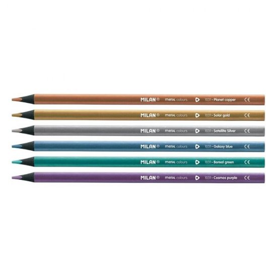 Set 6 Creioane Color MILAN Metalizat, 6 Culori Metalice, Corp Triunghiular din Lemn, Creioane Triunghiulare Colorate, Creioane Colorate Metalice MILAN, Creioane MILAN, Set Creioane Colorate, Creion Colorat, Creioane Scoala, Creioane Desen