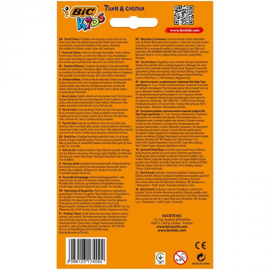 Creioane Cerate Plastifiate BIC Turn&Colour, 12 Buc/Set, Culori Asortate, Creioane Plastifiate BIC, Creion de Colorat, Creioane Cerate BIC pentru Copii, Set 12 Creioane Cerate BIC Turn&Colour, Creion de Ceara Plastifiat pentru Scoala