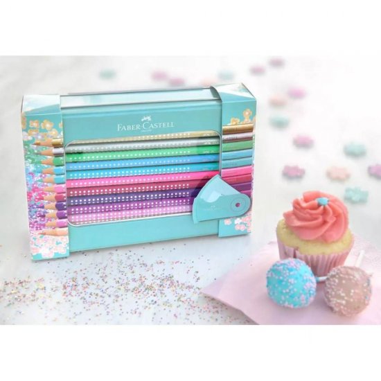 Set Cadou 20 Creioane Colorate Sparkle si Ascutitoare Sleeve Faber-Castell, Diverse Culori, Creioane Colorate Set, Creioane Colorate Faber-Castell, Set Creioane Colorate, Set Cadou de Creioane Colorate, Seturi Cadou Creioane Colorate