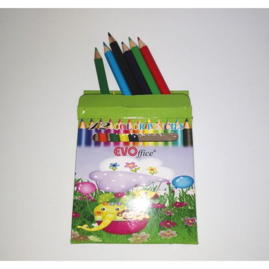 Creioane Colorate Mici EVOffice 12 Culori/Set, Dimensiuni 9x0.7 mm, Confectionate din Lemn, Forma Hexagonala