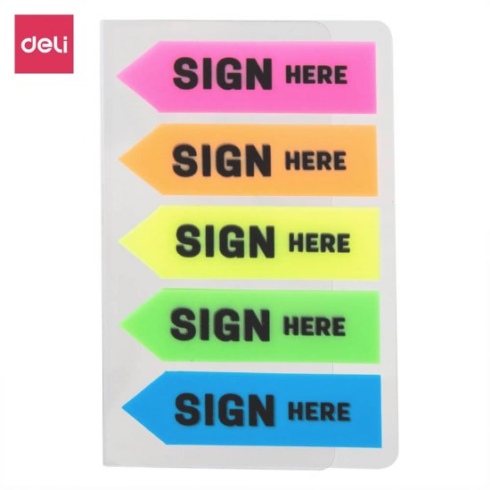 Index Adeziv Plastic, Deli Stick Up, Model “Semneaza Aici”, 44x12 mm, 5 Culori, Indecsi Adezivi in 5 Culori, Indecsi Adezivi in 5 Culori cu Model, Index Plastic cu Adeziv, Evidentiatoare pentru Carti si Caiete, Sticky Note